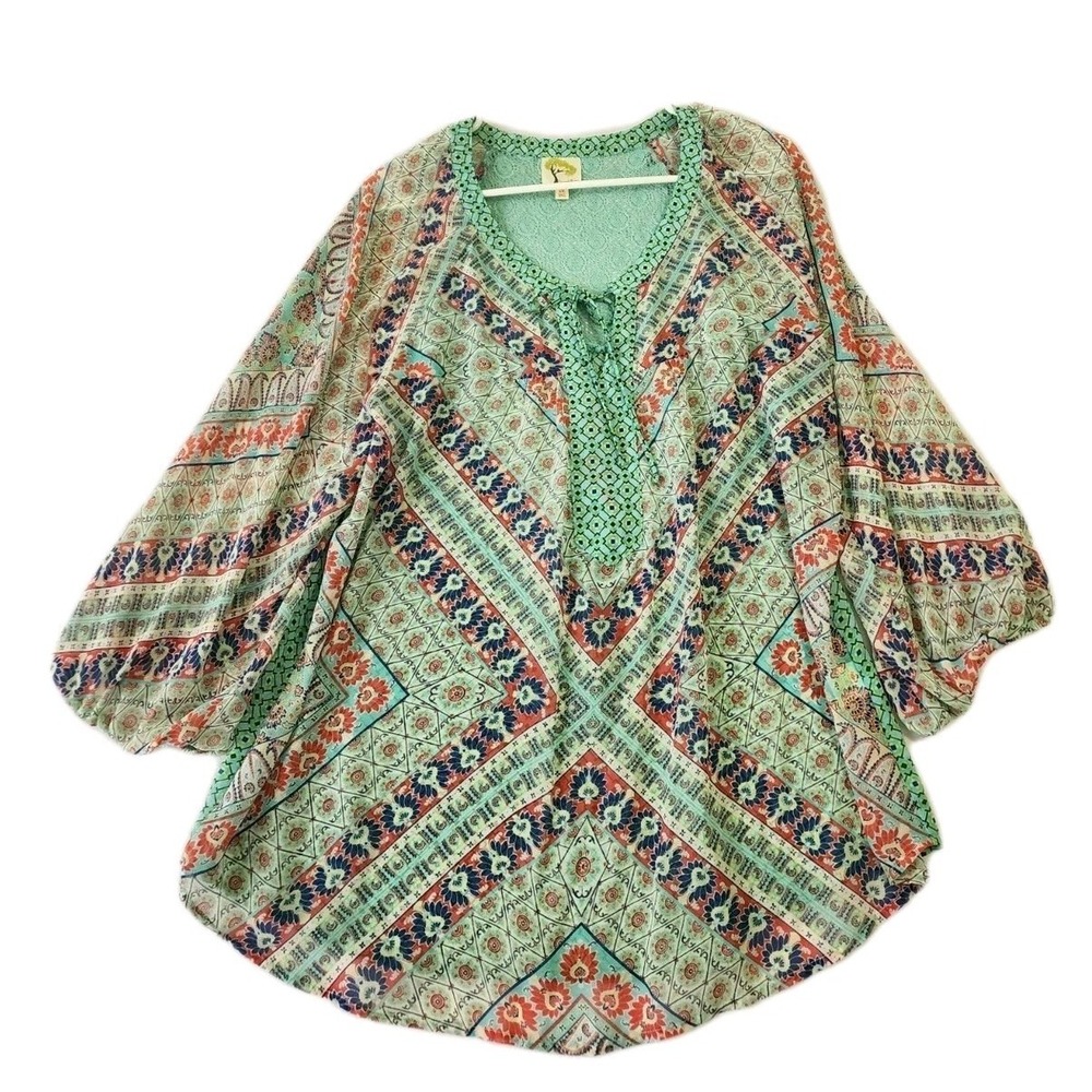 Fig & Flower XL Boho Peasant Blouse Mint Floral Lace Back Tie Neck‎ Tunic
